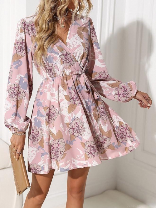 Women Floral Print V-Neck Tie Waist Mini Dress Long Sleeve Wrap A-Line Polyester Spandex Casual Spring Summer Vacation Party Elegant Bohemian Dress