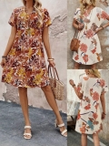 Women's V Neck Floral Print Short Sleeve A-Line Dress Bohemian Summer Casual Mini Dress Made of Polyester and Spandex for Vacation Beach Party Ladies Clothing