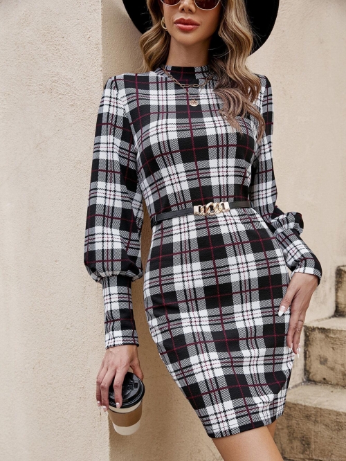 Elegant Plaid Print Long Sleeve Mini Dress Women's Lantern Sleeve Slim Fit Mock Neck Bodycon Dress Stylish Spring Autumn Casual Short Skirt Outfit