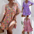 Women's Bohemian Floral Print V-Neck Dress Ruffle Short Sleeve Summer Casual Mini Loose High Waist Beach Holiday Dress for Women