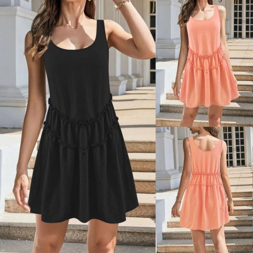 Women's Sleeveless Mini Dress Polyester Spandex Ruffle Tiered Summer Beach Vacation Sundress Sweet Solid Color Loose Fit Casual Dress