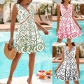 Women Summer Floral Printed V-Neck Sleeveless Dress With Hollow Lace Patchwork High Waist A-Line Mini Vacation Beach Short Dress