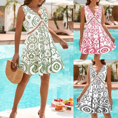 Women Summer Floral Printed V-Neck Sleeveless Dress With Hollow Lace Patchwork High Waist A-Line Mini Vacation Beach Short Dress