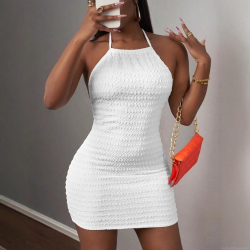 Women Sexy Halter Neck Backless Bodycon Mini Dress Polyester Spandex Smocked Texture Summer Party Clubwear Sleeveless Skinny Dress