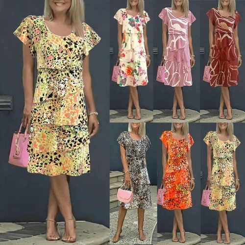Women's Summer Printed Polyester Spandex Tiered Dress Round Neck Ruffle Short Sleeve Layered Leopard Floral Cake Mini Dress for Casual Vacation