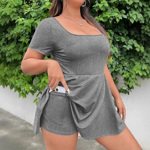 Women's Sexy Square Neck Mini Dress With Built-in Shorts Pockets Short Sleeve A-Line Skater Athletic Dress For Tennis Golf Casual Summer Outfit