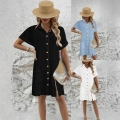 Women Summer Casual Short Sleeve Shirt Dress Button Down V Neck Crinkled Texture Mini Dress With Pockets Loose Fit Solid Color Beach Vacation Style Sun Dress