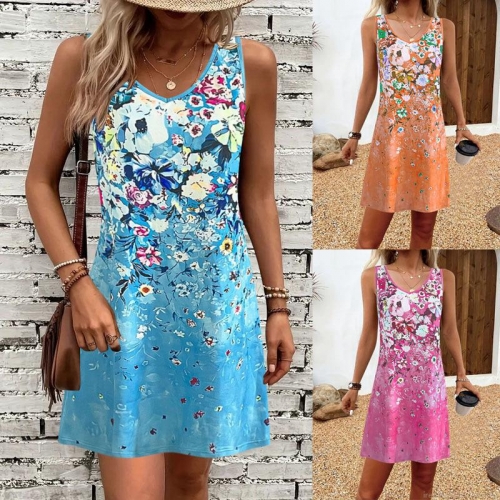 Women's Summer Sleeveless Floral Print V-Neck Dress Bohemian Milk Silk Casual Vacation Mini Tank Dress Plus Size XL-5XL