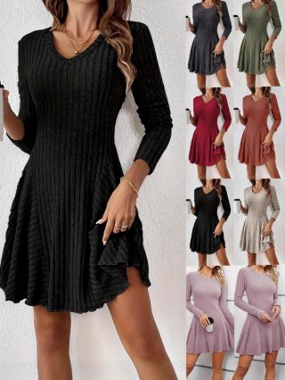 Women's Autumn Winter V-Neck Long Sleeve Knitted Mini Dress Elegant Ribbed A-Line Casual Dress For Office Daily Wear Polyester Spandex Slim Fit