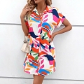 Women's Summer Short Sleeve Abstract Leaf Print Shirt Dress Casual Button Down Lapel V-Neck A-Line Mini Dress For Office Daily Vacation Plus Size