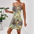 Sexy Women Leopard Butterfly Print Camisole Mini Dress Summer Sleeveless Round Neck Slim Fit Bodycon Party Dress For Clubwear Vacation Holiday Fashion Clothing