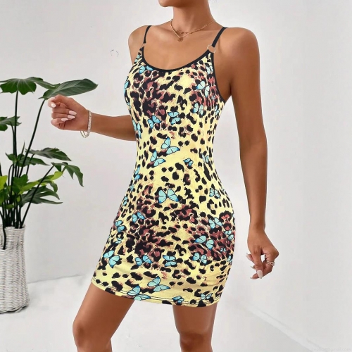 Sexy Women Leopard Butterfly Print Camisole Mini Dress Summer Sleeveless Round Neck Slim Fit Bodycon Party Dress For Clubwear Vacation Holiday Fashion Clothing