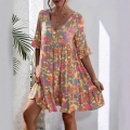 Plus Size V Neck Bohemian Floral Print Dress Summer Casual Short Ruffle Sleeve Layered Hem A-Line Mini Polyester Spandex Vacation Beach Dress