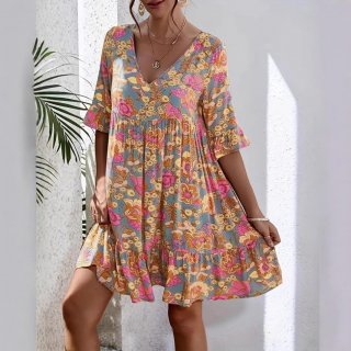 Plus Size V Neck Bohemian Floral Print Dress Summer Casual Short Ruffle Sleeve Layered Hem A-Line Mini Polyester Spandex Vacation Beach Dress