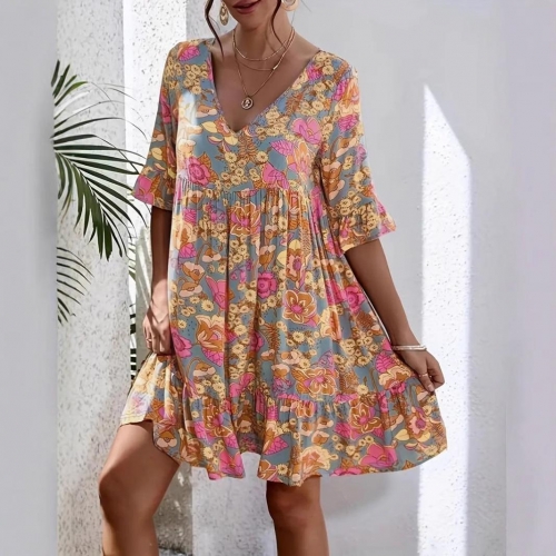 Plus Size V Neck Bohemian Floral Print Dress Summer Casual Short Ruffle Sleeve Layered Hem A-Line Mini Polyester Spandex Vacation Beach Dress