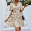 Women's Plus Size Elegant V-Neck Ruffle Sleeve Dress Polyester Spandex Shirred Waist Metallic Short Dress for Cocktail Party Night Out