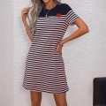 Women Plus Size Casual Striped T-Shirt Dress Heart Embroidery Patch Short Sleeve Crewneck Mini Dress Summer Contrast Color Polyester Blend Knit Bodycon Dress