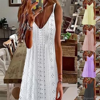 Women Summer V-Neck Eyelet Embroidery Dress Sleeveless Hollow Out Polyester Spandex Casual Mini Dress For Vacation Beach Daily Wear