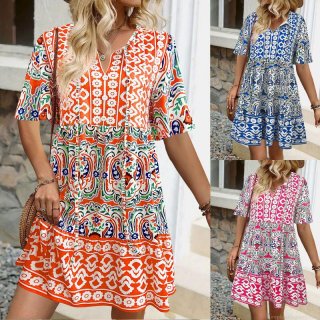 Women's Summer V Neck Boho Print Dress Short Sleeve Loose Bohemian Paisley Tiered Mini Dress Resort Beach Casual Vacation Fashion Plus Size