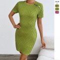 Sexy Women Ripple Texture Bodycon Mini Dress Short Sleeve Round Neck With Metal Shoulder Buttons Slim Fit Polyester Blend Summer Elegant Party Dress