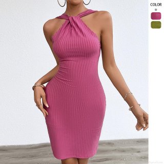 Women's Sexy Halter Neck Backless Pleated Bodycon Dress Sleeveless Ribbed Knit Mini Dress Solid Color Summer Party Clubwear Fashion Vestidos