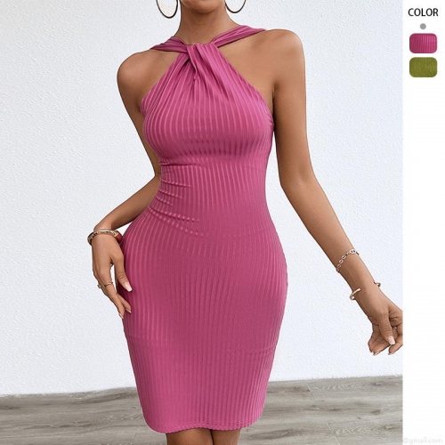 Women's Sexy Halter Neck Backless Pleated Bodycon Dress Sleeveless Ribbed Knit Mini Dress Solid Color Summer Party Clubwear Fashion Vestidos