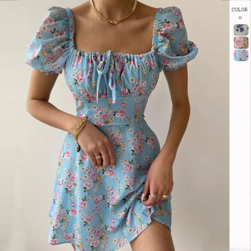 Women French Puff Sleeve Floral Mini Dress Square Neck Lacing Summer A-Line Polyester Dress Elegant Slim Fit Party Vacation Dress For Women