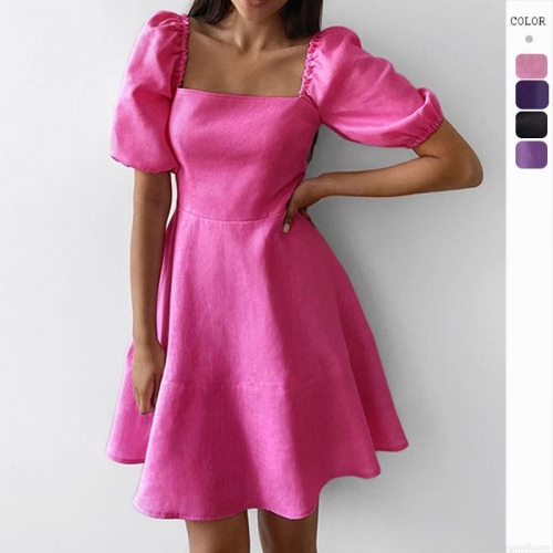 Elegant Women's Square Neck Puff Sleeve Mini Dress Solid Color High Waist A-Line Polyester Dress For Summer Party Casual Dating