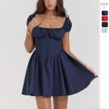Women's French Retro Square Neck Puff Sleeve Mini Dress 100% Polyester Corset Waist Button Decor Solid Color Slim Fit Summer Sweet Sexy Short Sleeve Short Dress