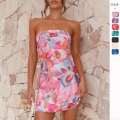 Sexy Strapless Backless Floral Print Mini Dress Satin Polyester Bodycon Party Dress For Women Summer Vacation Clubwear Tube Dress