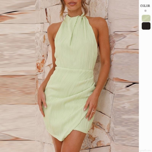 Women's Sexy Halter Neck Backless Mini Dress Pleated Texture Bodycon Sleeveless Party Dress Summer Vacation Slim Fit Clubwear Sundress