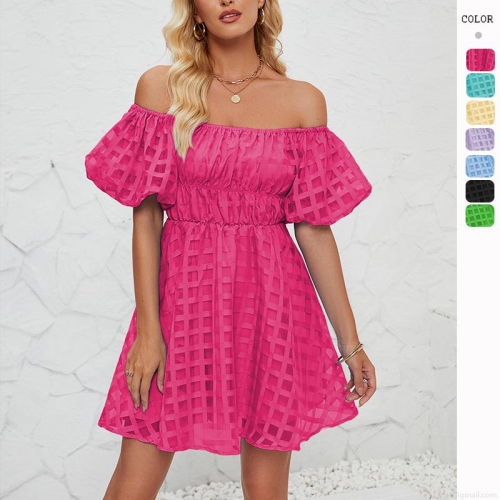 Women's Off-Shoulder Puff Sleeve Mini Dress Solid Color Grid Mesh Ruffled High Waist A-Line Dress For Summer Vacation Party Sexy Beach Short Dress