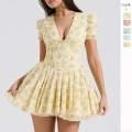 French Sweet Floral Puff Sleeve Mini Dress Women Summer V-Neck High Waist A-Line Dopamine Style Polyester Vacation Beach Party Dress
