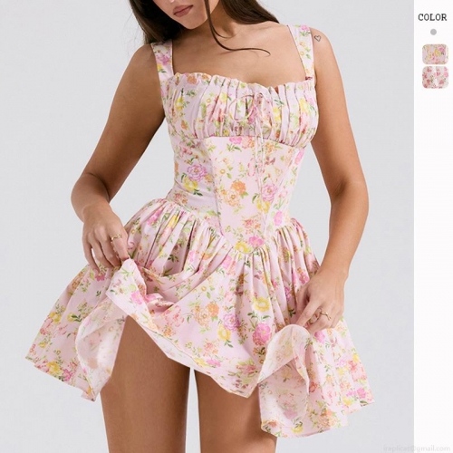 Women Sexy Floral Mini Dress Summer Spaghetti Strap Corset Bodycon Dress French Cottagecore Backless Flare Skater Sundress Flower Print Sleeveless Party Dress