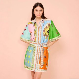 Women's Retro Short Sleeve Poker Card Print Shirt Dress Lapel Single Breasted Belted Mini Dress For Summer Vacation Beach Party Fashion