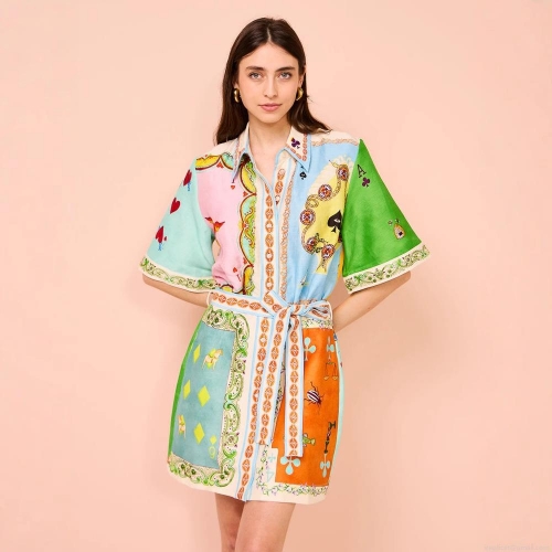 Women's Retro Short Sleeve Poker Card Print Shirt Dress Lapel Single Breasted Belted Mini Dress For Summer Vacation Beach Party Fashion