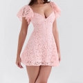 Women Sweet Pink Lace V-Neck Flutter Sleeve Mini Dress Elegant A-Line Short Party Dress Summer Fresh Hollow-Out Sundress For Dating Wedding Guest