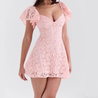 Women Sweet Pink Lace V-Neck Flutter Sleeve Mini Dress Elegant A-Line Short Party Dress Summer Fresh Hollow-Out Sundress For Dating Wedding Guest