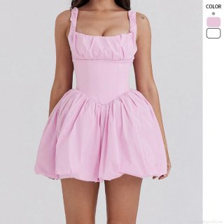 Women's Sexy Backless Off-The-Shoulder Mini Puff Dress Solid Color Corset Waist Elegant Summer Party Wear Sleeveless Bodycon Short Dress