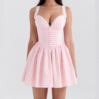 Women's Sexy Pink Gingham Mini Dress Polyester Lace Trim V Neck Sleeveless Corset Bodycon Sundress Sweet Retro Summer Holiday Party Dress