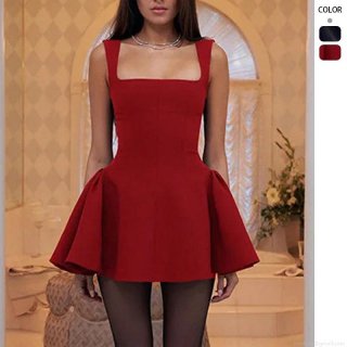 Women Sexy Square Neck Puffy A-Line Mini Dress Sleeveless High Waist Slim Fit Polyester Party Clubwear Cocktail Dress