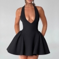 Women's Sexy Deep V Halter Mini Dress Backless Sleeveless Pleated A-Line Skirt Solid Color Slimming Short Party Dress For Summer