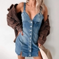 Women Sexy V Neck Denim Camisole Dress Button Down Bodycon Mini Dress Sleeveless Washed Blue Cotton Blend Jean Dress For Summer Clubwear Streetwear Party