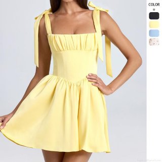 Women Summer Sexy Square Neck Mini Dress Polyester Bow Straps Backless Lacing High Waist Pleated A-Line Sundress For Vacation Party Streetwear Fashion