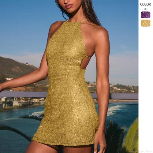 Women Sexy Halter Neck Sequin Mini Dress Backless Bodycon Party Night Out Clubwear Gold Purple Sparkling Evening Banquet Vestidos