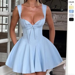 Women's Sexy Corset Mini Dress Lace Trim Backless Cami Dress Puffy A-Line Short Dress For Party Club Summer Floral Solid Color Sleeveless Lace-up Slim Fit Dress
