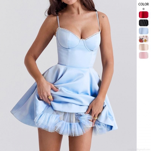 Women's Sexy Satin Corset Mini Dress With Mesh Lining Backless Fishbone Puffy Camisole Dress For Summer Party Balletcore Style