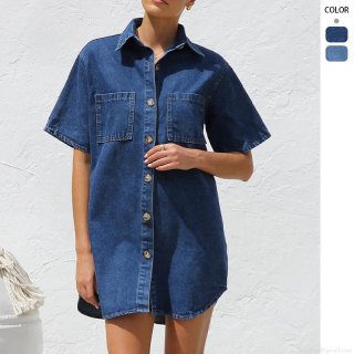 Women's Summer Casual Denim Shirt Dress Short Sleeve Button Down Loose Mini Dress with Double Chest Pockets Polyester Denim Solid Color Streetwear