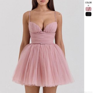 Sexy Women Mesh Tulle Mini Dress Spaghetti Strap Backless Princess Tutu Party Dress Sleeveless Solid Color Slim Fit Evening Prom Gown