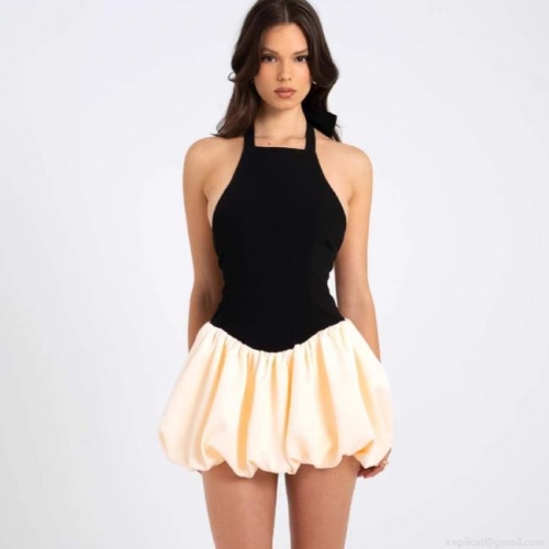 Women's Sexy Patchwork Halter Mini Dress Backless Contrast Color Bubble Skirt With Large Bow Slim Fit Polyester Elegant Party Cocktail Short Dress